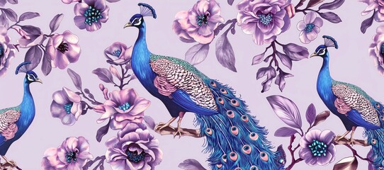 Naklejka premium Luxurious peacock and amethyst pattern on soft lavender background, exotic and elegant design 