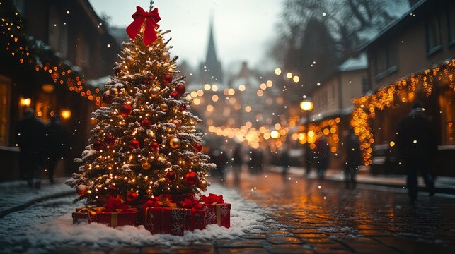 Snow-covered Christmas tree with red bows, sparkling fairy lights, and traditional ornaments, in a festive outdoor setting