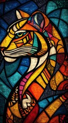 Vibrant Madhubani Tiger Illustration: Traditional Indian Folk Art Style with Textured Background. Colorful Cultural Design for Scarf Patterns, Children's Book Illustrations, and Ethnic Decor. Creative