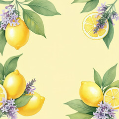 Obraz premium several lemon verbenas and lemons watercolor illustration on a light yellow background. A pastel color palette is used with white space in the middle of the design for writing a title,