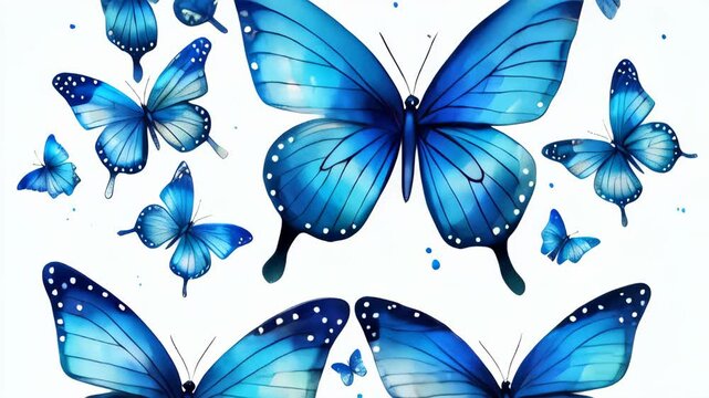 Colorful blue butterflies fluttering against a white background, showcasing their vibrant patterns and grace