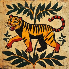 Vibrant Madhubani Tiger Illustration: Traditional Indian Folk Art Style with Textured Background. Colorful Cultural Design for Scarf Patterns, Children's Book Illustrations, and Ethnic Decor. Creative