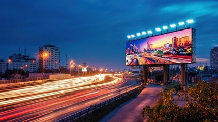 Fototapeta premium A billboard with a city skyline and a car driving by