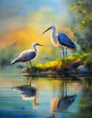 Fototapeta premium Heron Birds Gathering by the Waterfront