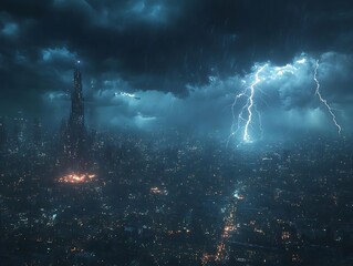 Futuristic Cityscape with Lightning Storm Illustration