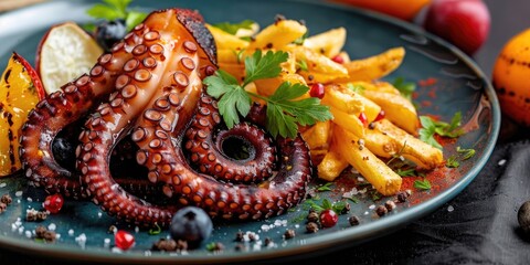 Charred octopus served with fries and seasonal fruit on a Scandinavian-style plate