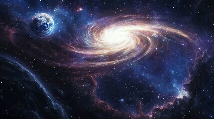 A colorful galaxy with a large planet in the middle