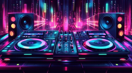 A neon colored DJ set with two turntables and two speakers