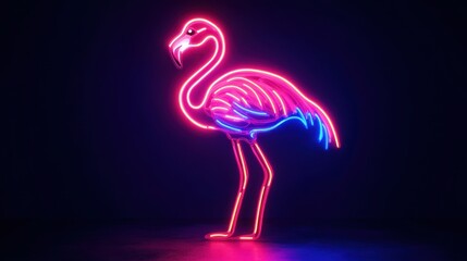 Obraz premium A neon pink flamingo is lit up in a dark room