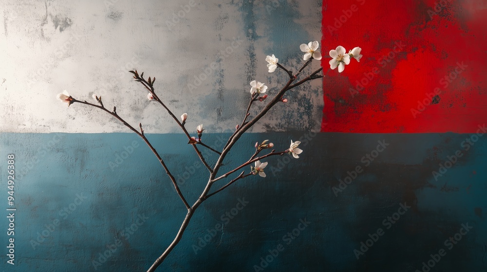 Sticker Cherry blossom branch against a textured backdrop of red, blue, and gray colors in an artistic arrangement