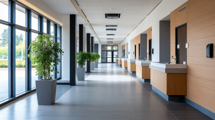 Obraz premium Spacious office corridor with large windows, wooden accents, and indoor plants, creating a bright and inviting workspace atmosphere.