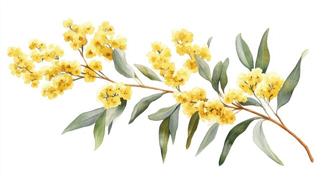 Watercolor illustration of Golden Wattle Acacia pycnantha created by hand