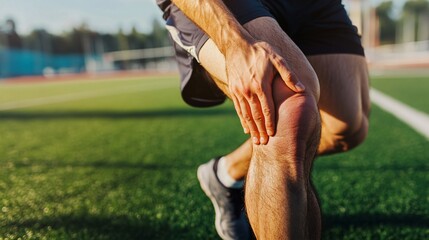 240805 244. A man touching painful kneecap at sports field sideline. Patella damaged due to chondromalacia patellae and intense running longtime. Health and medical concept isolated on white