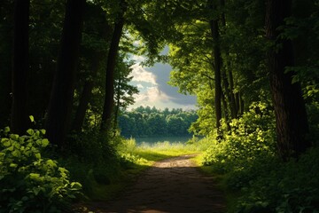 Obraz premium A serene forest path leading through lush greenery, inviting exploration into nature's tranquil beauty and peaceful ambiance.