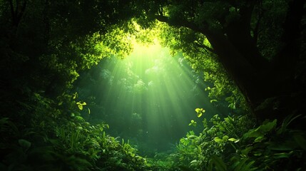 Fototapeta premium A serene forest scene illuminated by sun rays, showcasing lush greenery and a peaceful atmosphere for nature lovers.