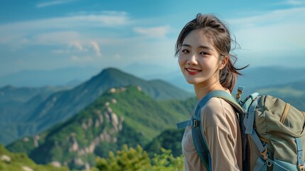 Naklejka premium A beautiful photo of a Korean model trekking through the lush mountains of Korea, with a backdrop of verdant landscapes and clear blue skies.
