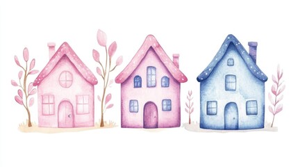 Watercolor illustration of toy houses on a white background crafted in pink violet and blue hues suitable for cozy or festive decoration