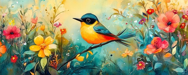 Energetic watercolor cartoon bird hopping around a vibrant flower garden