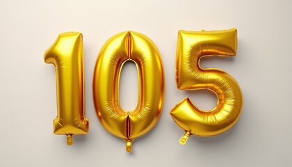 Banner with number 105 golden balloon with copy space. Hundred and fifth birthday celebration on a solid color background.