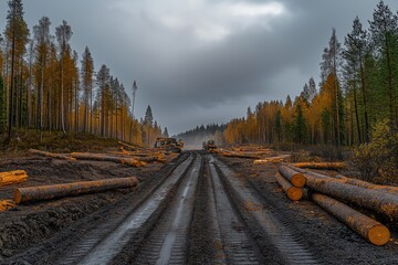 Fototapeta premium Forestry machines working on clearing forest for timber harvesting