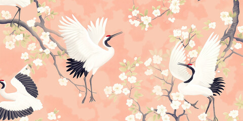 Naklejka premium Peach background with crane and coral pattern, elegant and exotic style 