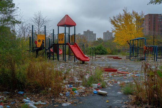 Abandoned playground polluted with garbage and trash