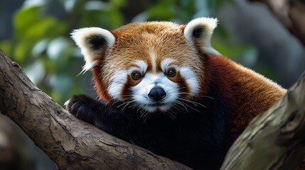 Obraz premium Tranquil Red Panda Resting in Tree's Embrace with Half-Closed Eyes