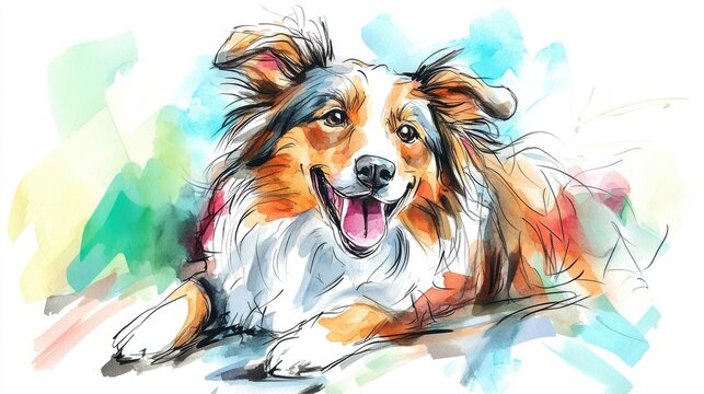 Watercolor illustration of a playful smiling fluffy Collie dog Marker drawing style Doodle art Quick sketching Animal themed background Hand drawn pet depiction Painted backdrop