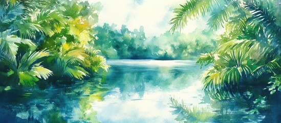 Watercolor illustration of a stunning lake surrounded by lush greenery evoking a summery feel