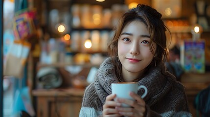 A Korean model enjoying a coffee at a fashionable Seoul cafe, surrounded by modern decor and cozy lighting.