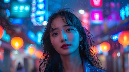 A Korean model posing confidently in the bustling neon-lit streets of Seoul at night. The city's vibrant lights and reflections create a lively and dynamic urban backdrop.
