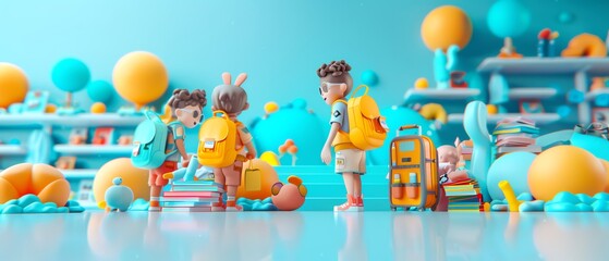 Fototapeta premium Kids joyfully choosing new school clothes and supplies in a store, Backtoschool, Digital, Lively and colorful, Fun and happy