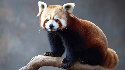 Fototapeta premium Contemplative Red Panda Sitting on Branch with Hanging Tail