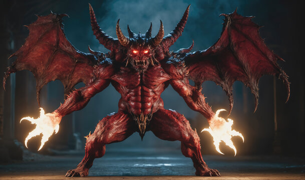 A red demon with wings and glowing hands stands in a dark, foreboding location