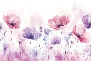 A beautiful watercolor illustration of delicate flowers in soft pink and purple hues, perfect for decorative or artistic use.