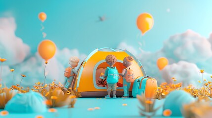 Family camping in a meadow, with wildflowers and a distant mountain range, Camping, Digital, Warm and picturesque, Peaceful and bonding