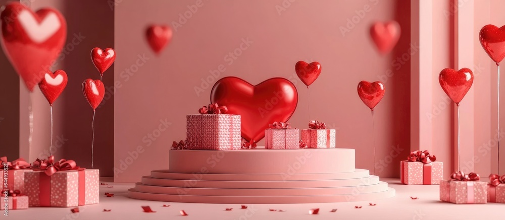 Poster 3d abstract podium representing love concept for displaying gifts and objects 3d illustration