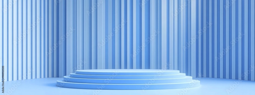 Poster 3d rendering of a podium stage with a blue striped backdrop