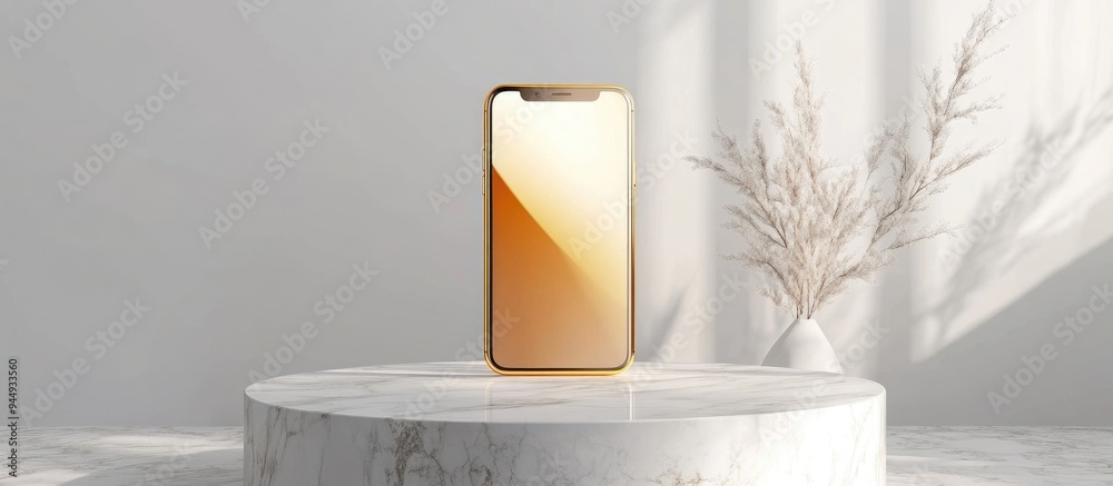 Aufkleber 3D rendered illustration of a smartphone mockup UI app display interface on a marble podium stage with a white background featuring a premium minimalist design in gold