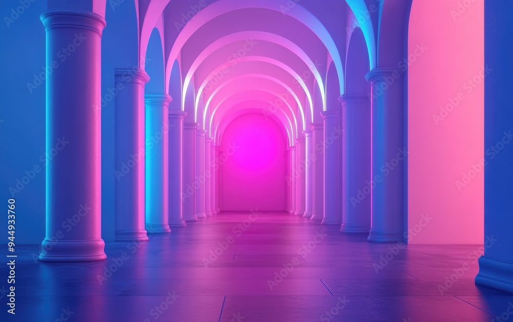 Poster 3D rendering of a simplistic geometric background featuring an architectural corridor with arch columns within a blank wall showcasing a modern minimal concept