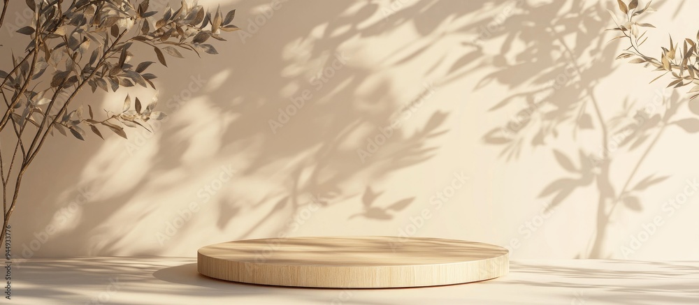 Aufkleber 3d backdrop featuring a wooden podium display natural beige banner with shadows product showcase for