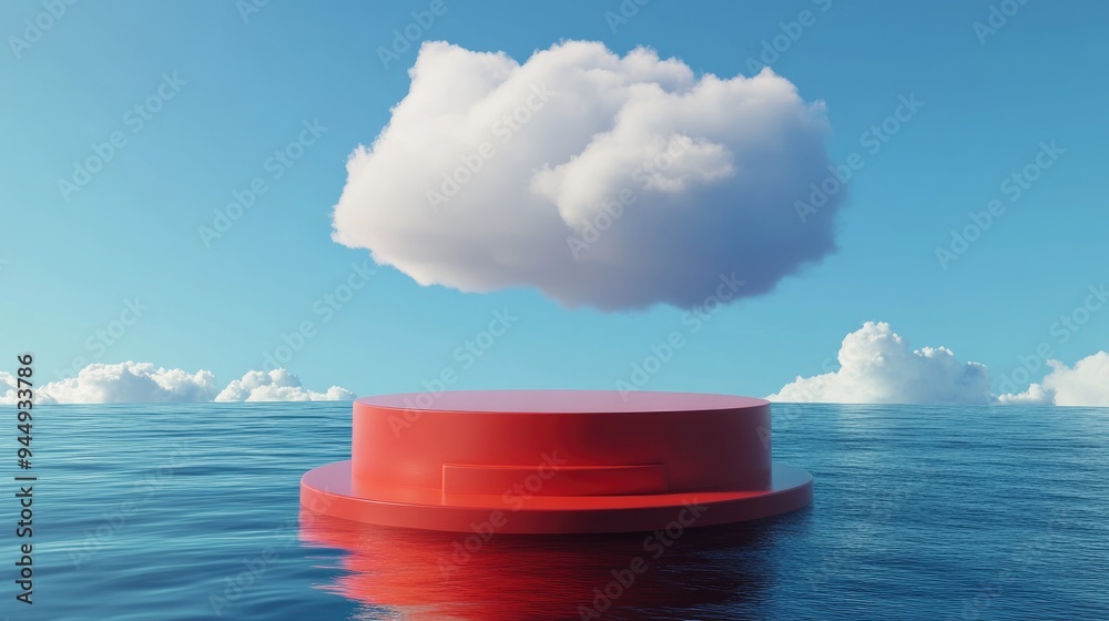Aufkleber 3D rendering of an abstract minimalistic background featuring a white cloud in a blue sky above a red cylindrical podium with steps including an empty pedestal and water Simple setting for showcasi