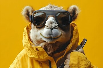 Fototapeta premium An animal dressed in human clothing, set against a pastel background. The colors enhance the whimsical nature of the scene, creating a light-hearted and charming visual.