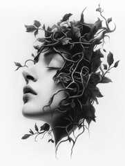 Fototapeta premium A captivating fusion of human form and nature, showcasing intricate vines entwined around a serene face.