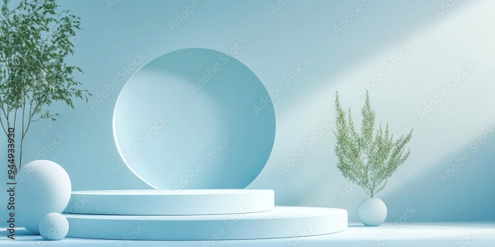 Aufkleber 3D rendered abstract background featuring geometric shapes and podium for product showcasing in a minimalistic design with a blue color scheme
