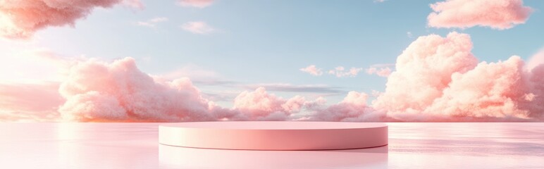 3D elegant pedestal product display featuring a dreamy landscape with soft clouds Minimal pastel sky and cloud backdrop for showcasing beauty products Concept of a romantic dreamland
