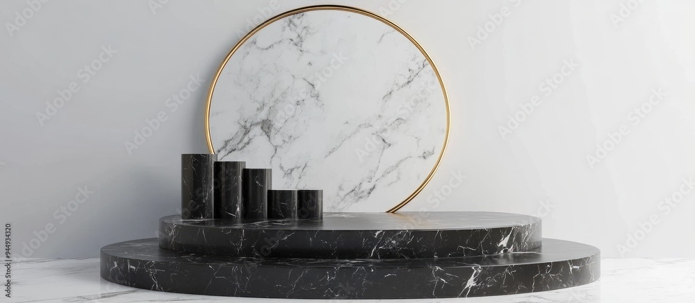 Poster 3d rendering of black and white marble pedestal steps on a white background featuring a golden ring 