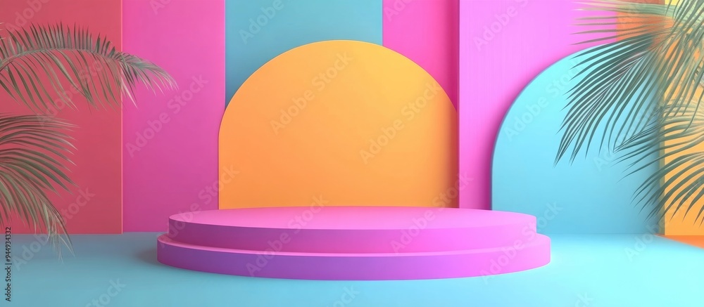Aufkleber 3D rendering of a minimalistic scene featuring a podium and an abstract background with geometric shapes and vibrant colors