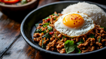 A sizzling plate of Pad Kra Pao, featuring stir-fried minced pork with holy basil and chili