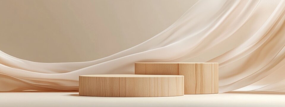 3D display podium with a neutral background Minimalist wood pedestal Luxurious flowing silk fabric Ideal for showcasing beauty cosmetic products Product promotion stand Template with ample copy sp